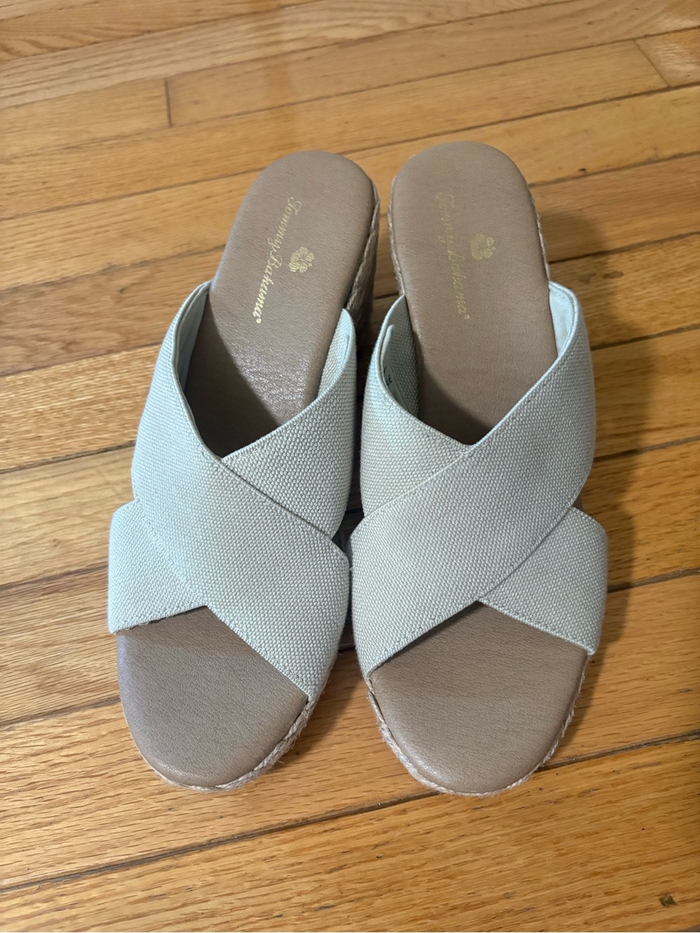 Tommy Bahama Light Beige Crossband Wedge Slides - Picture 2 of 11